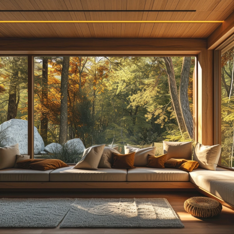 Raum mit Panoramaholzfenster Blick aus einem großen Fenster mit Holzrahmen in einen sonnsruchfluteten Wald