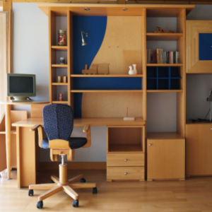 Schrankgruppe Buche mit blauen Akzenten